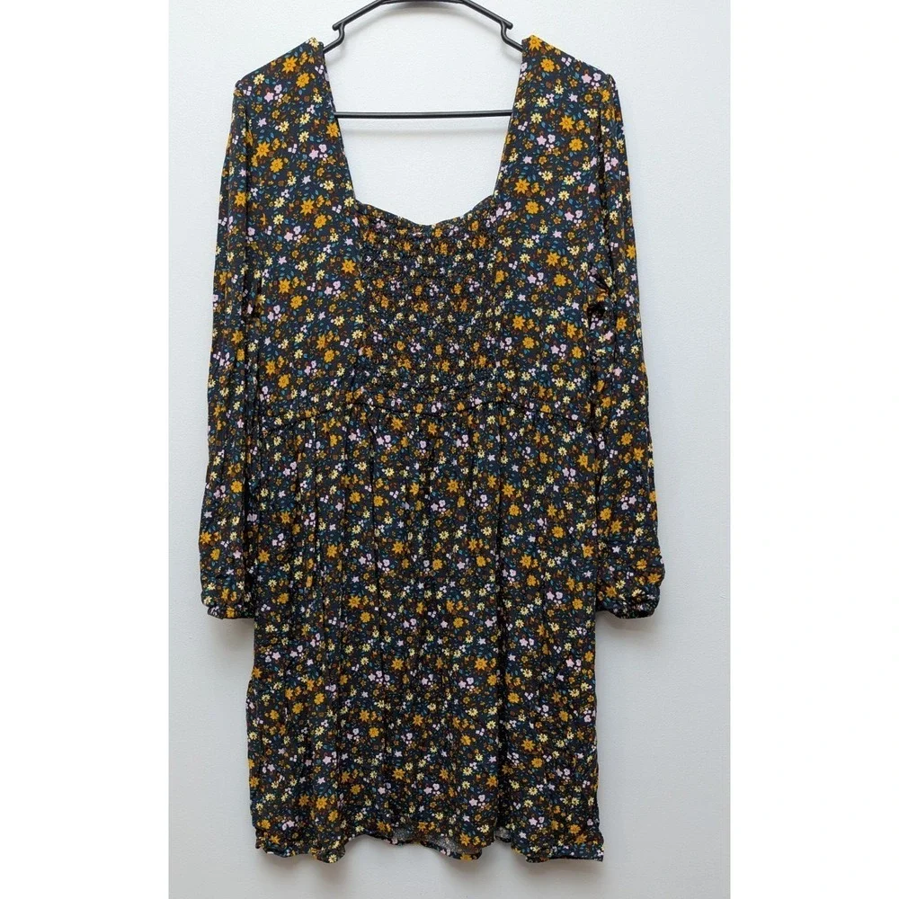 DR1 Mudd Blue Floral Long Sleeve Ruched Back Babydoll Peasant‎ Dress Sz XXL